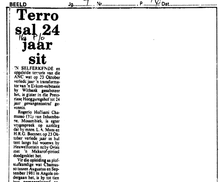 Terro sal 24 jaar sit, Beeld, 7 December 1982
